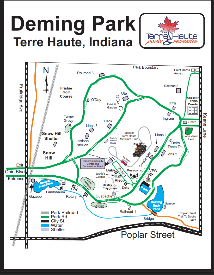 City of Terre Haute schematic of Deming Park. A text orientation, legend and place directory follow.