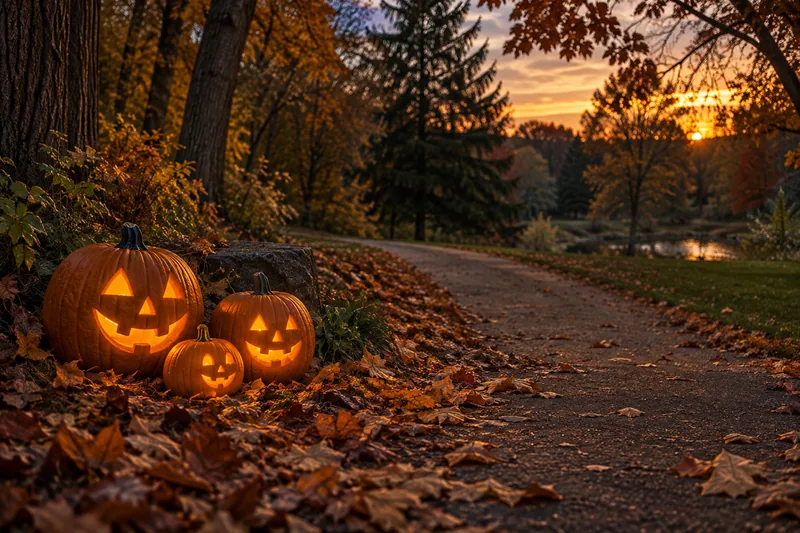 Illustration of glowing pumpkins beside an autumn woodland path.