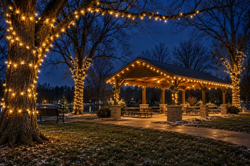 Illustration of a park shelter and bare trees decorated with warm Christmas lights.