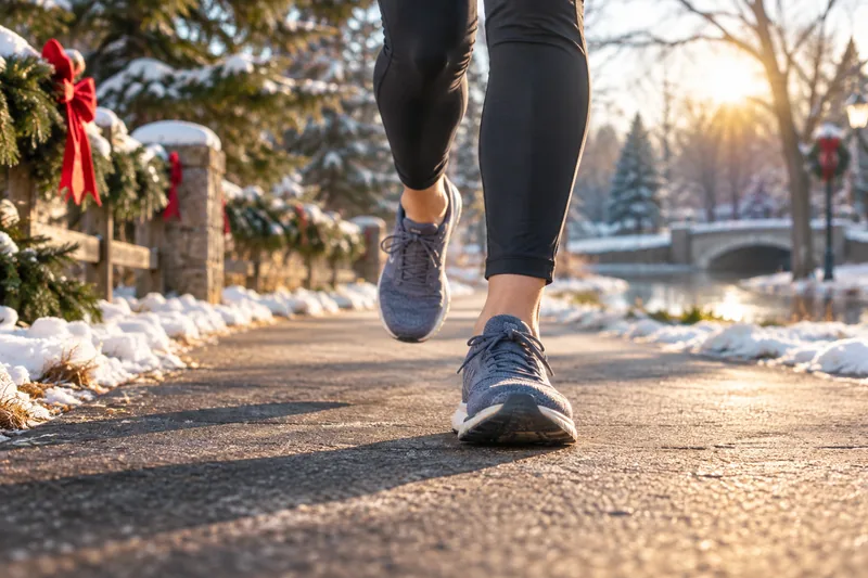 Illustration of running shoes on a winter park path.