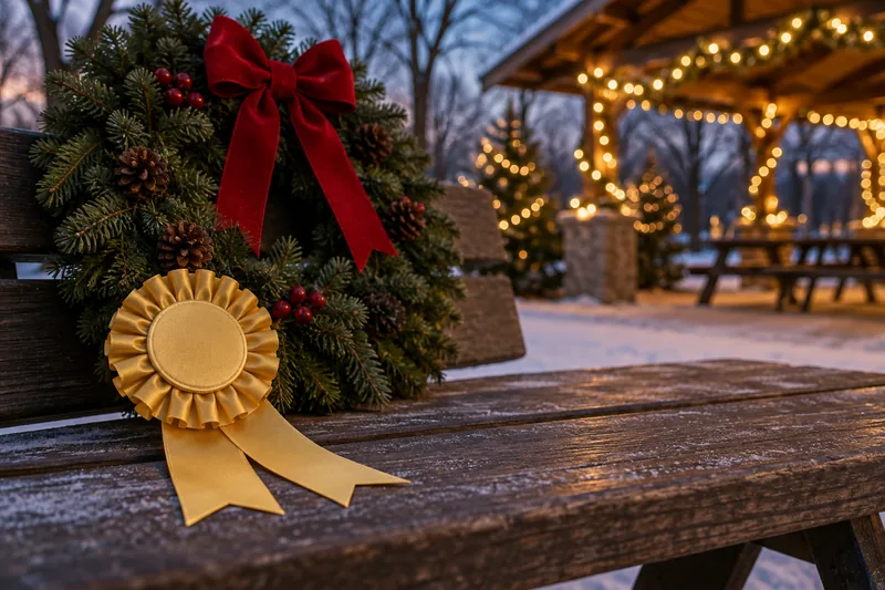 Illustration of a gold award rosette with festive park decorations in the background.