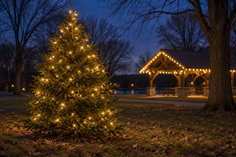 Illustration of glowing Christmas decorations in a park at blue hour.