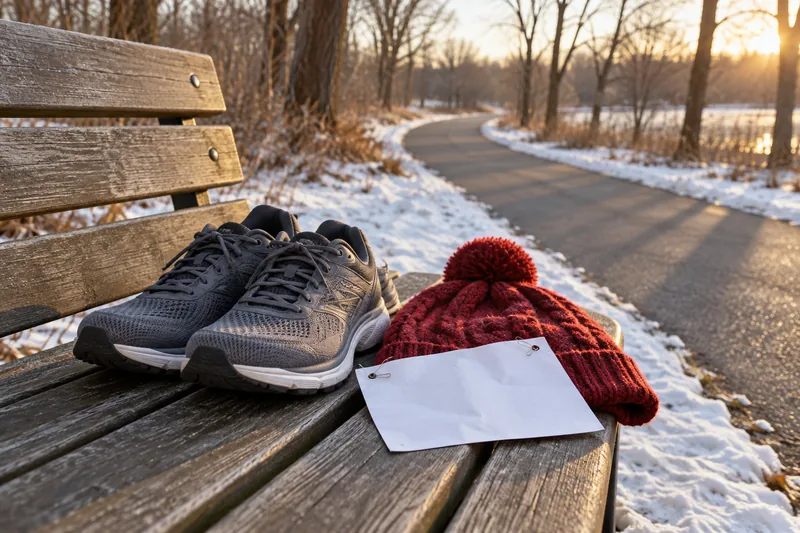 Illustration of running shoes and a winter hat on a park bench, ready for a holiday run.