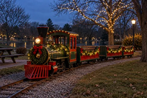 Illustration of a miniature red-and-green park train decorated with holiday lights.