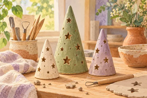 Illustration of three ceramic cone trees with star-shaped openings.