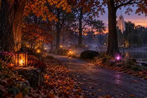 Illustration of a misty woodland path with Halloween lanterns and a ghost decoration.