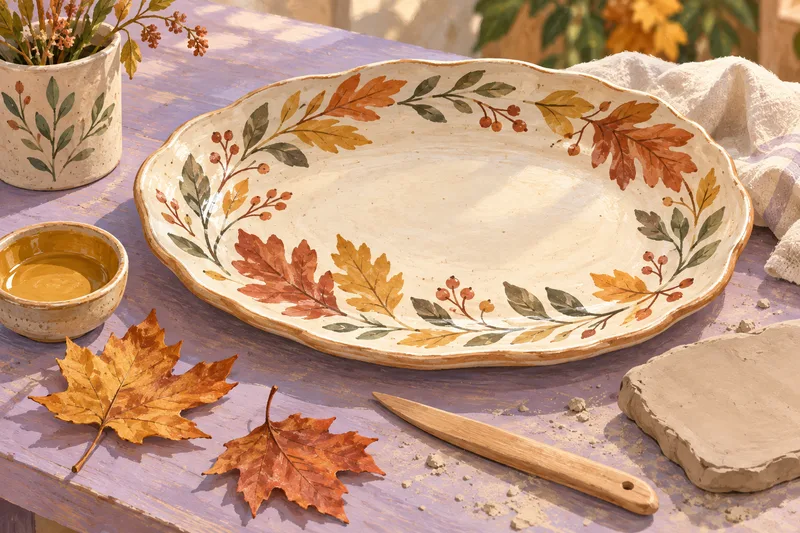 Illustration of a handmade serving platter decorated with autumn leaves beside clay and a modeling tool.