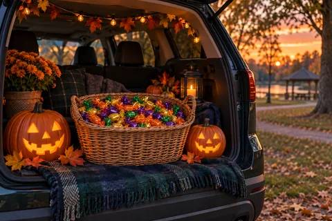 Illustration of an open vehicle trunk decorated with pumpkins and a basket of candy.
