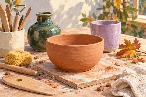 Illustration of a terracotta bowl, green vase and lilac cup on a pottery worktable.
