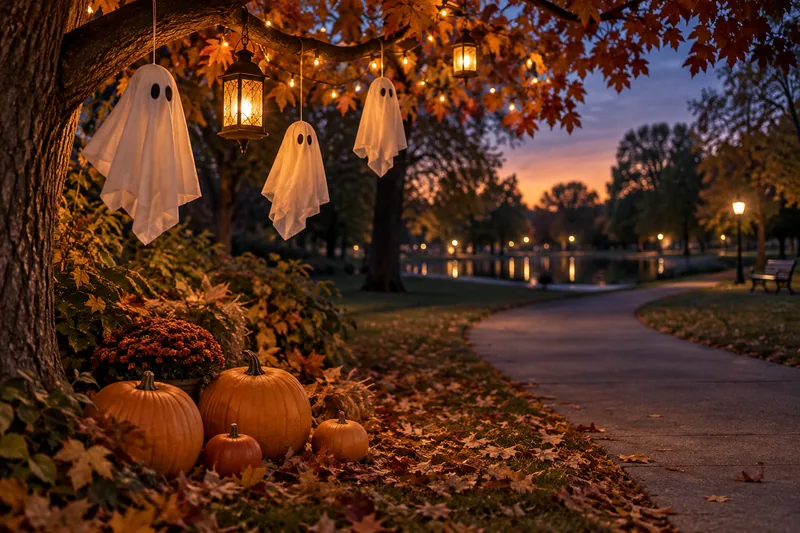 Illustration of cheerful pumpkins and friendly paper ghosts beside an autumn park path.